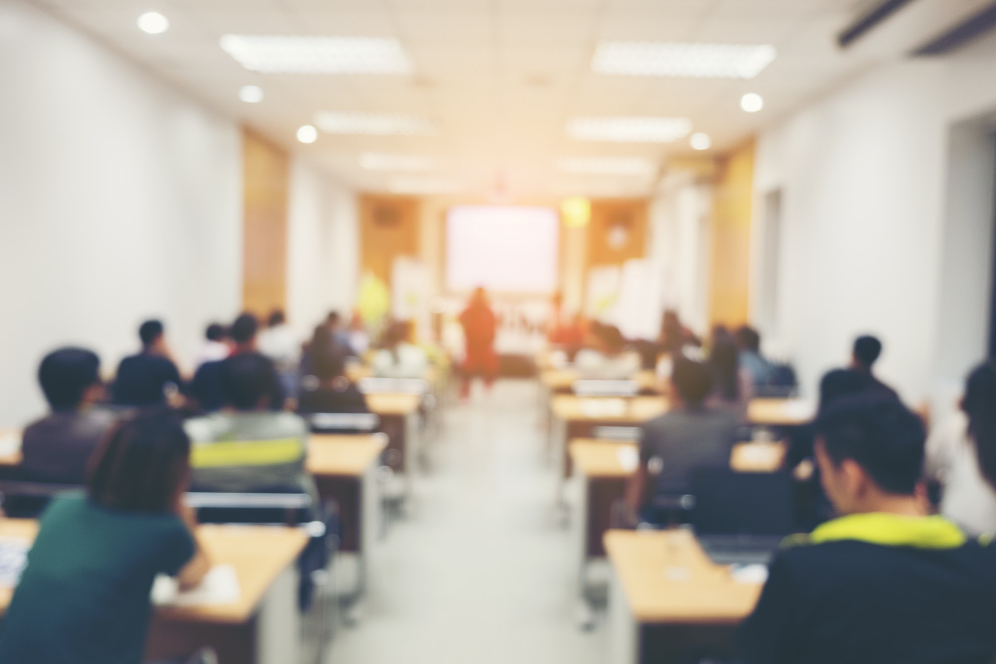 Abstract blurred people doing workshop in training room, education concept, Business seminar.